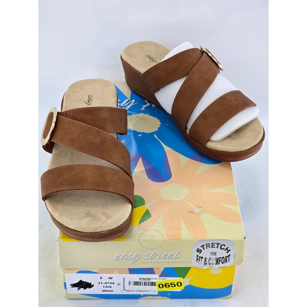 Easy Street Mina Wedge Sandals Womens 8W Tan Buckle Strappy - New